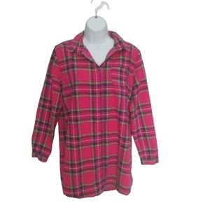 Miiyu Plaid Flannel Extra Long Button Down Shirt 100% Cotton Fuschia L
